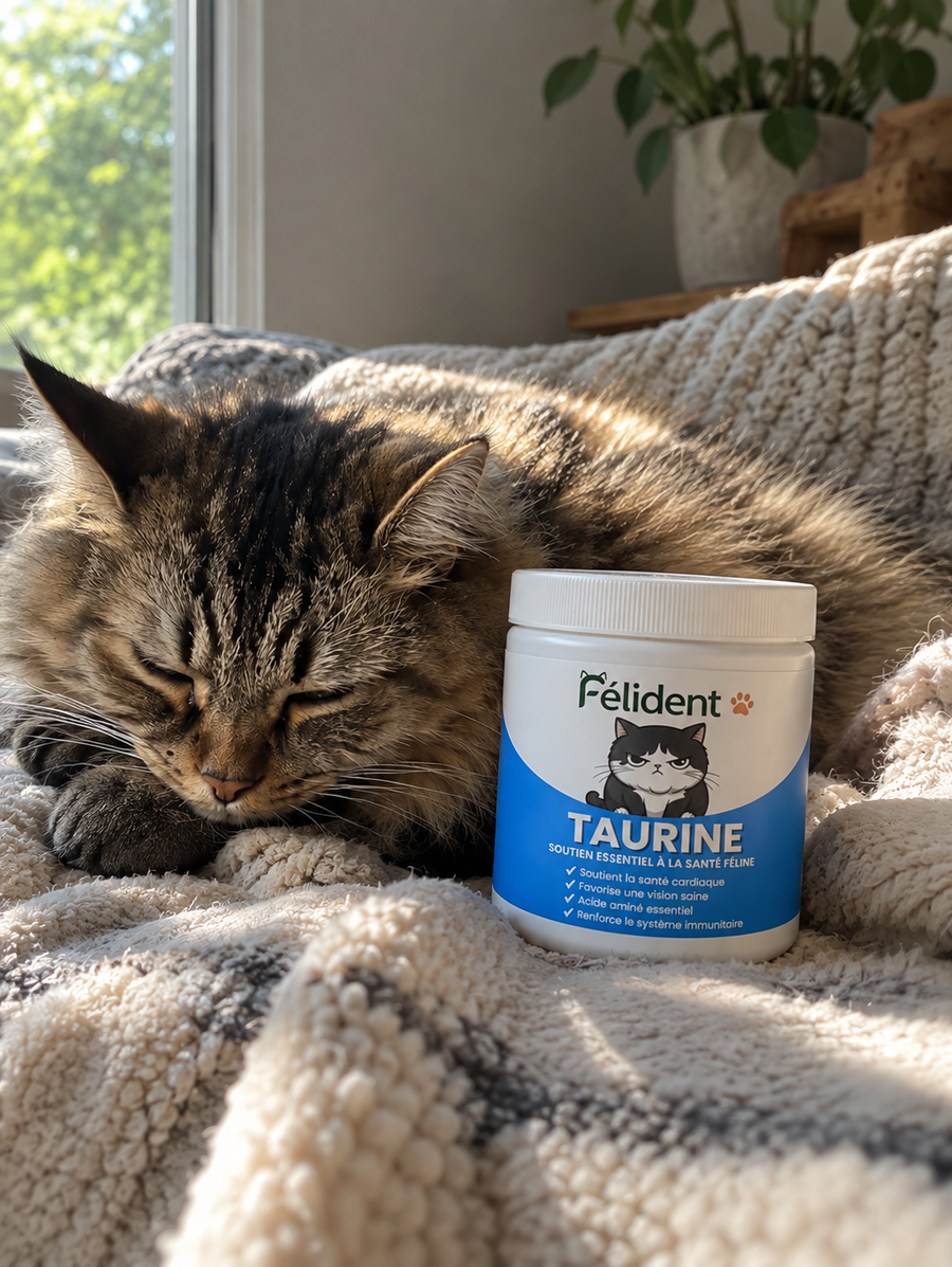Chat tigré endormi près d'un pot de taurine Félident