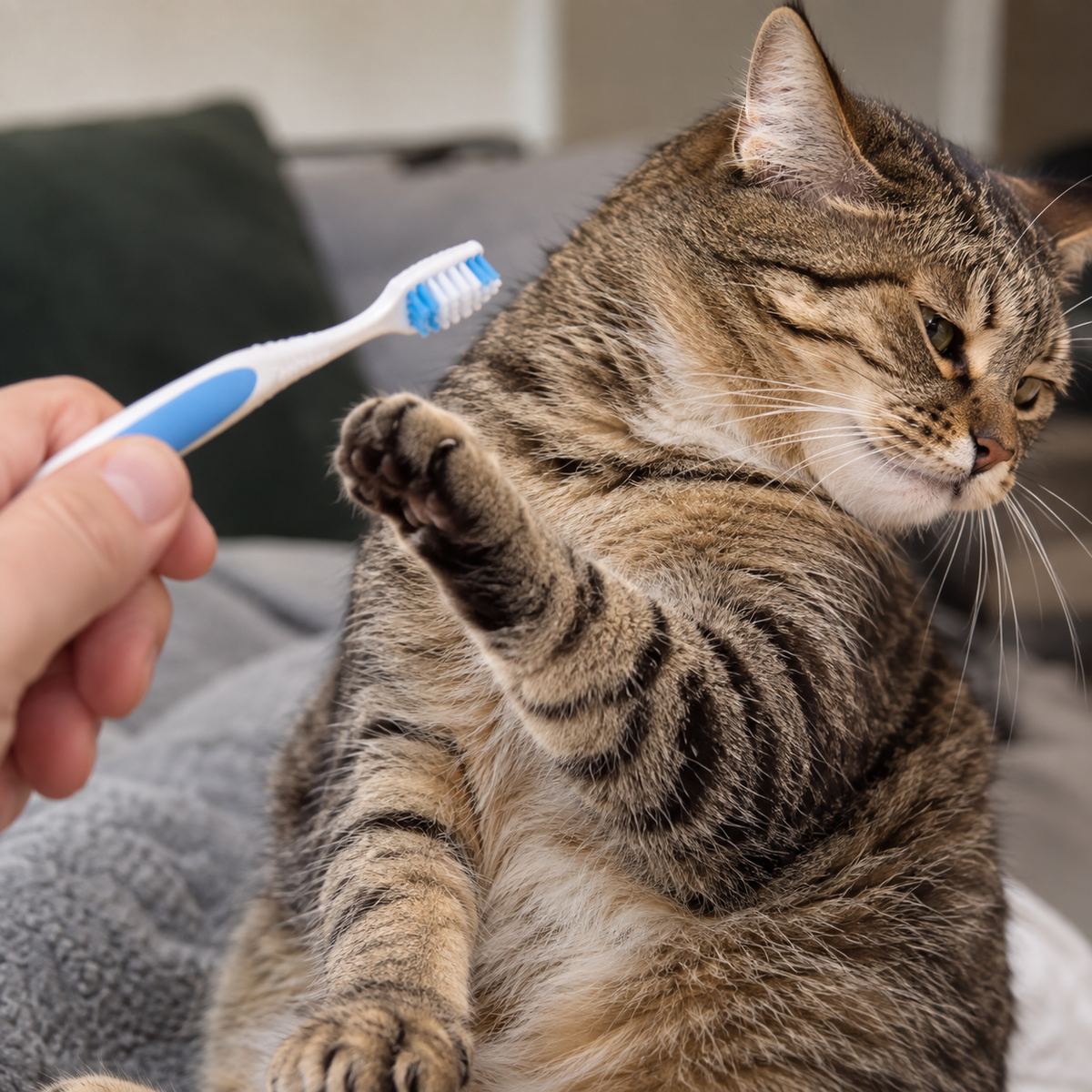 Pour un chat, être tenu et avoir quelque chose dans la bouche n'a rien de naturel.