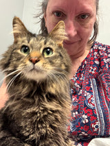 Cliente Félident avec son chat tigré